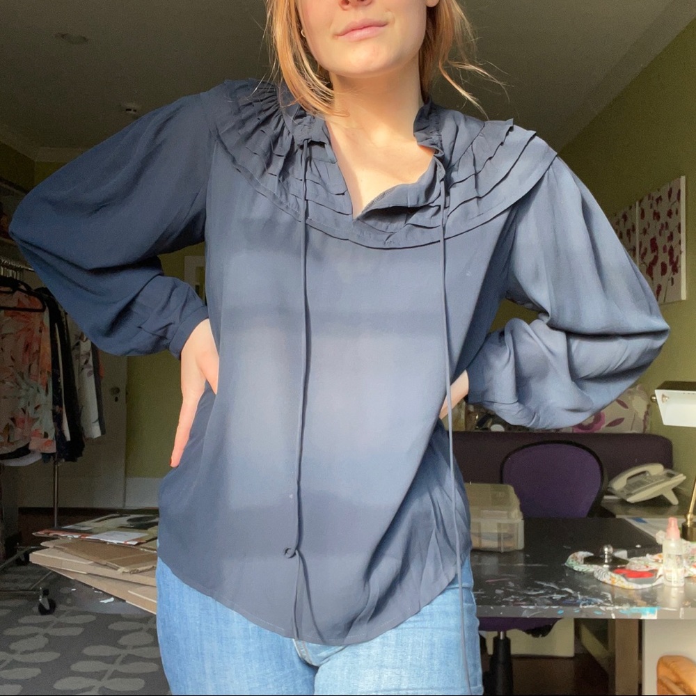 Decker Navy Blue Ruffle Collar Long-sleeve Blouse